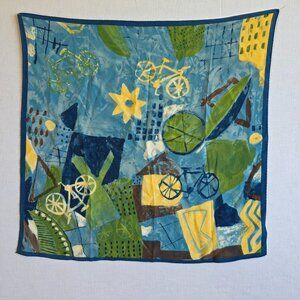 Vintage Silk Scarf Abstract Bicycle & Floral 18" Square Blue/Green Hand Rolled